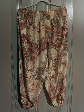 SHEIN Curve Boho Elastic Waist Pants in Cream, Rust & Teal